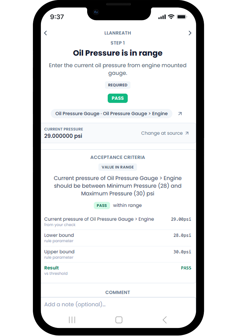 Mobile checklist step verifying an oil pressure reading against minimum and maximum thresholds, with a passing result.