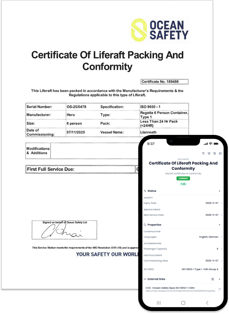 Liferaft certificate of conformity alongside the YachtPrep document view with status, validity, properties, and external links.