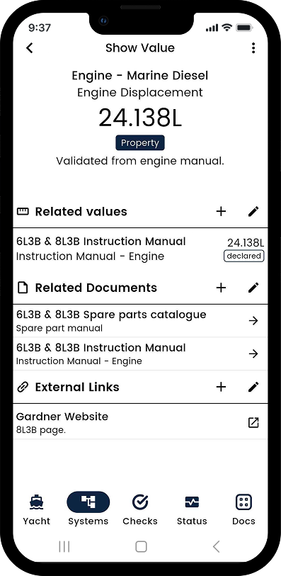 YachtPrep Value Screen showing engine displacement