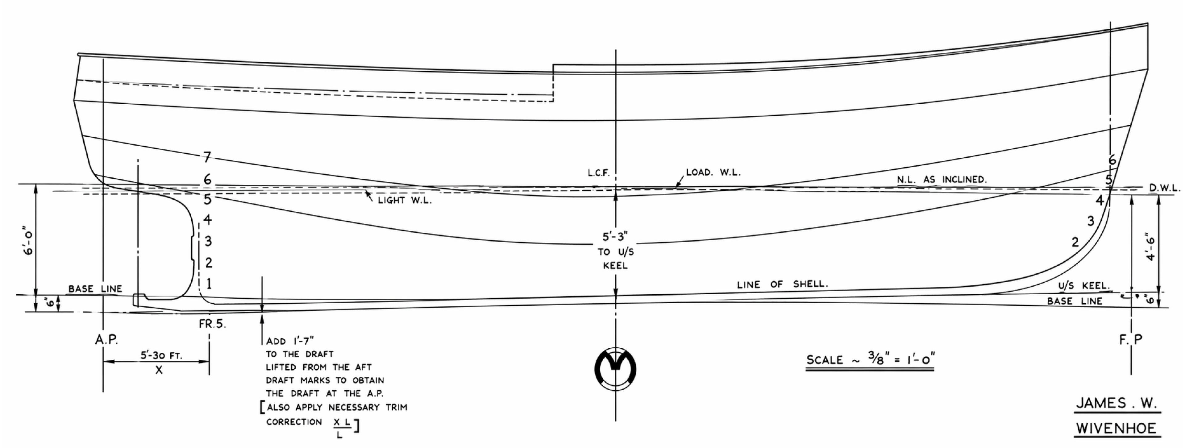 Naval architect's hull lines drawing showing body plan and profile with load waterline, light waterline, datum waterline, line of shell, underside of keel, base line, L.C.F. and draft correction annotations