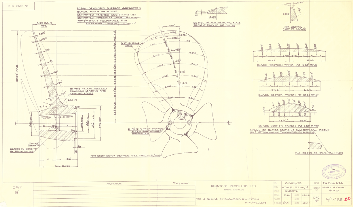Bruntons Propellers technical drawing showing blade sections, pitch distribution and disc area ratio for a 4-blade propeller